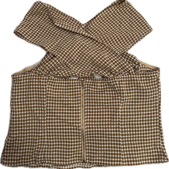 Pretty Little Thing Brown Woven Check Print Cross Over Zip Top Size 18 NWT - Picture 3 of 7